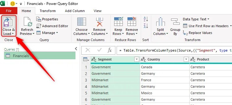 The Close And Load split button in the top-left corner of Excel&rsquo;s Power Query Editor.