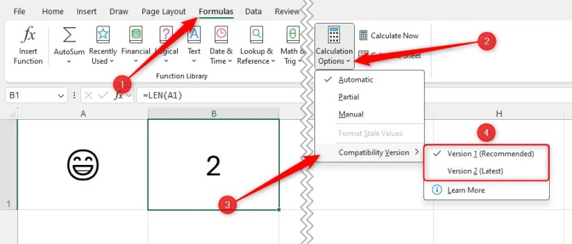 The Compatibility Version menu in Excel&rsquo;s Calculation Options drop-down.