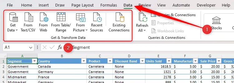 The Get And Transform Data group in the Data tab on the Excel ribbon.