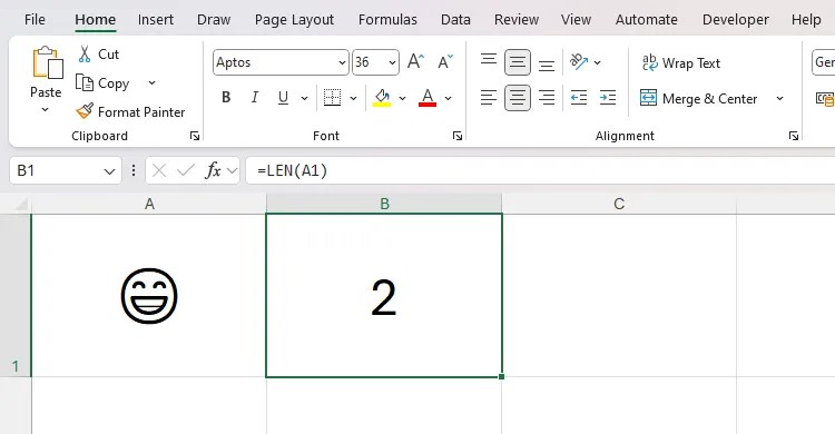 The LEN function double-counting an emoji in Microsoft Excel.