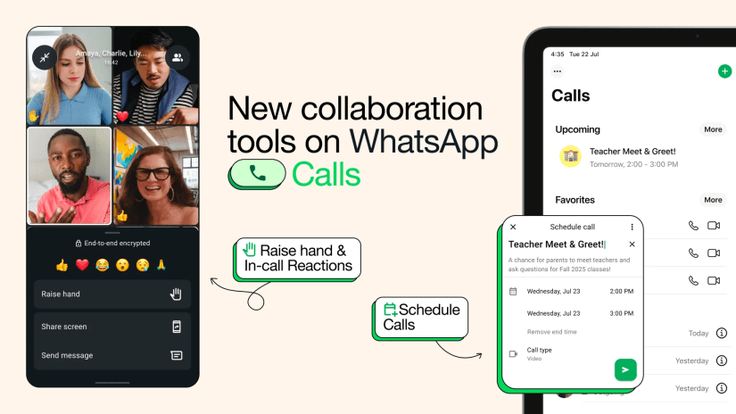 The new raise hand and schedule calling feature being shown off in WhatsApp, with a focus on a teacher meet and greet.