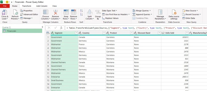 The Power Query Editor in Excel, with a query named Financials loaded into the preview.