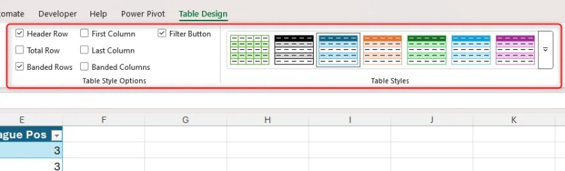 The Table Style Options and Table Style groups in the Table Design tab on the Excel ribbon.