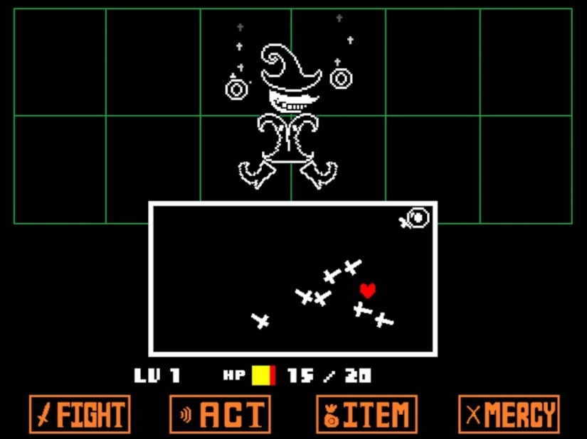Bullet hell combat in Undertale.