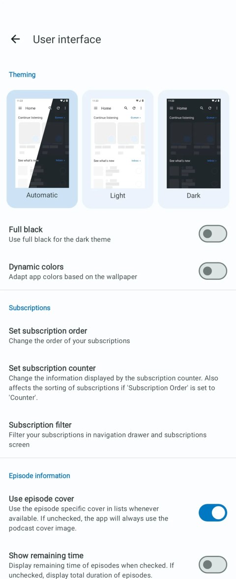 User interface settings in AntennaPod.