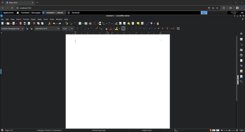 LibreOffice Write in webtop Alpine based XFCE desktop environment.