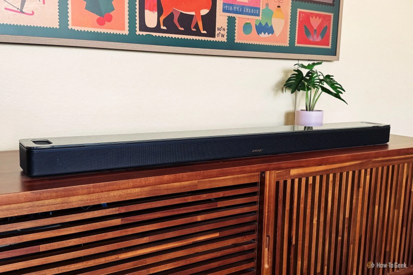 Looking at the Bose Smart Ultra Soundbar from the left