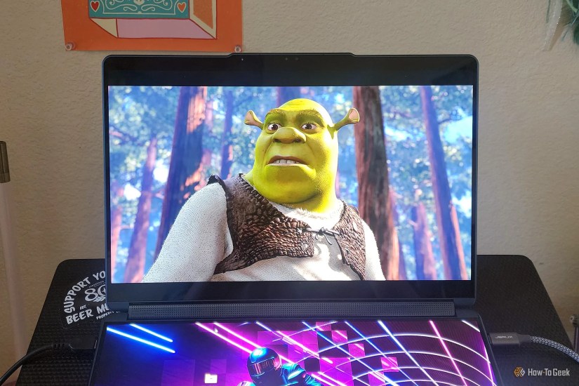 The Lenovo Yoga Book 9i laptop playing &ldquo;Shrek.&quot;
