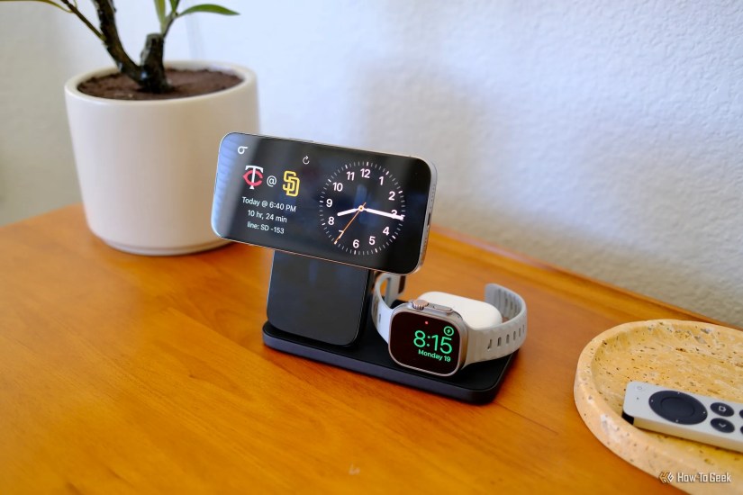 airpods, watch and iphone on Nomad Stand One Max