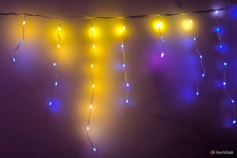 Govee Icicle Lights lit in custom blue and yellow colors.