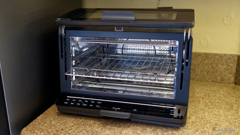 GE Profile UltraFast Smart Air Fry Oven with door open.