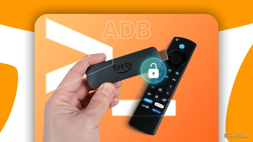A hand holding a Fire TV Stick with the remote in the background, &lsquo;ADB&rsquo; written above, and an open padlock in the front.