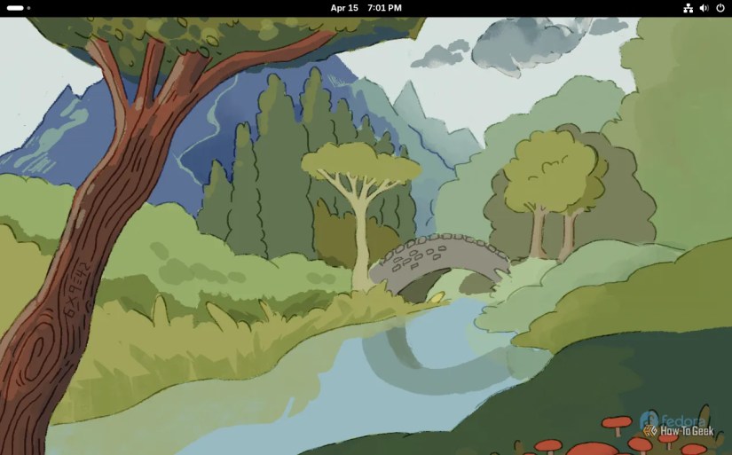 Fedora 42 Workstation desktop with a painting of some trees and a creek as the background.