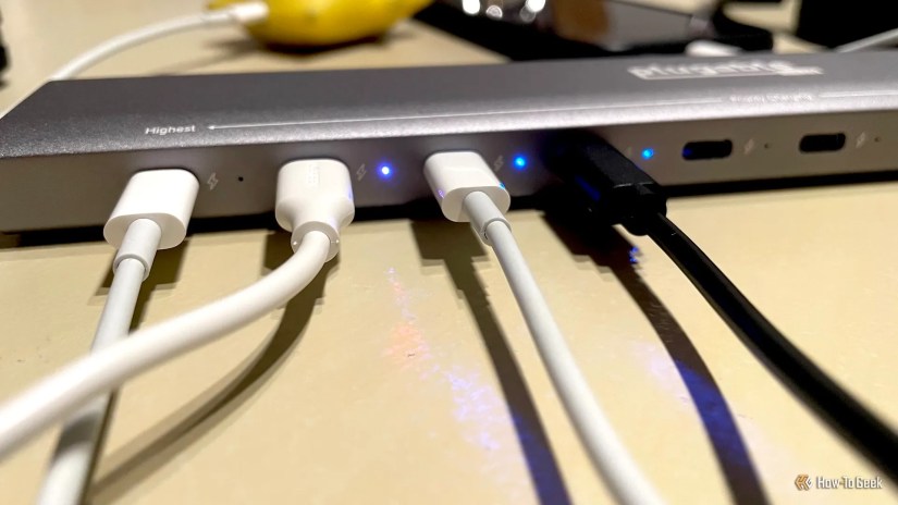 A close-up of the ports on the Plugable PS-10CC USB-C Charging Station.