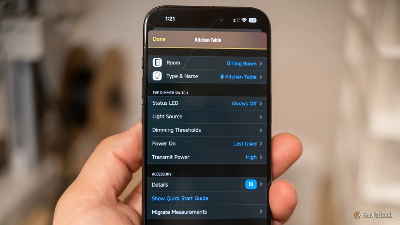 The Eve app showing some of the more advanced configuration options for the Eve Dimmer Switch.