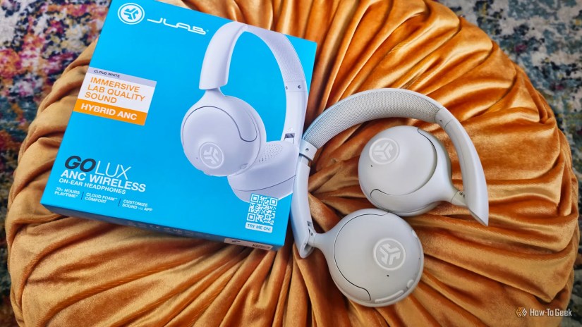 The JLab Go Lux ANC headphones folded up.