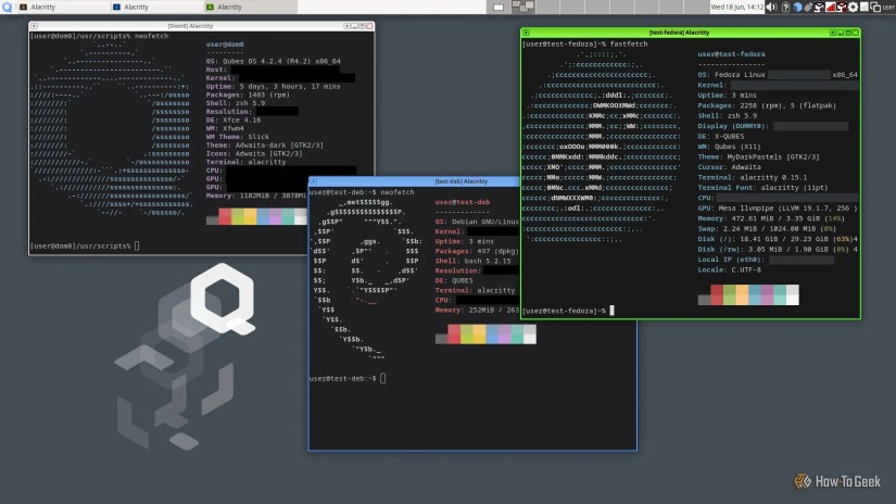 A Qubes desktop shows three terminal windows, each running in a different operating system: Qubes, Debian, and Fedora. In these terminal windows, it displays Neofetch information, which includes the distribution icon.
