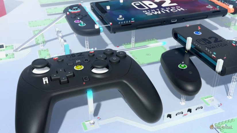 The Nintendo Switch 2 Pro Controller and the console in Nintendo Switch 2 Welcome tour.