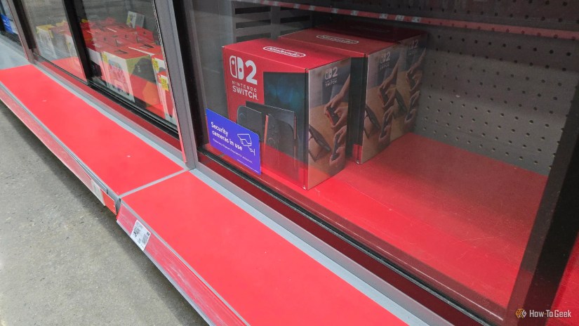 Nintendo Switch 2 consoles in stock on a store shelf.