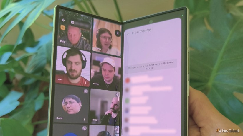 A video call on a semi-folded Samsung Galaxy Z Fold 6.