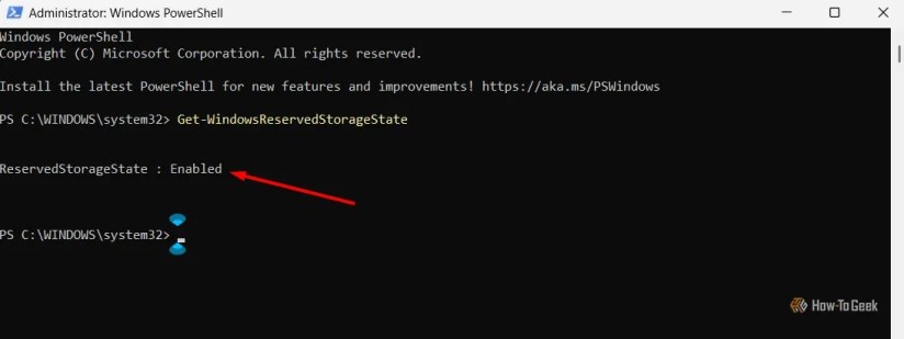 Reserved storage is enabled message in Windows PowerShell.