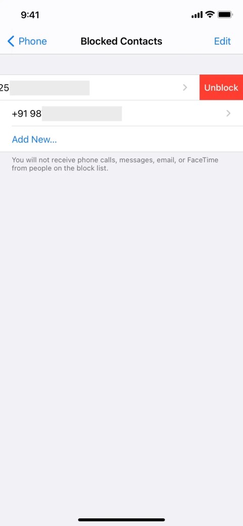 Swipe left on a Blocked Contact and tap Unblock