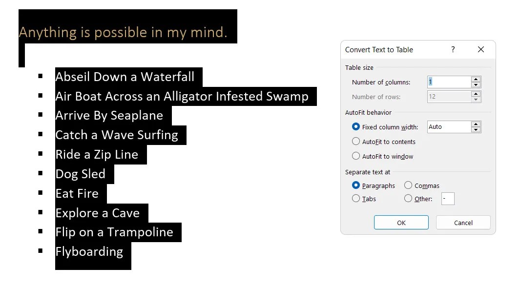 Lists in microsoft word