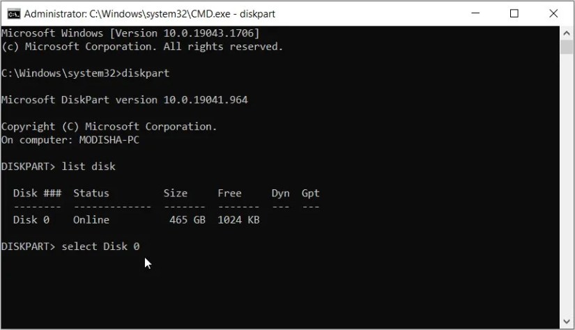 Selecting a disk number using Diskpart