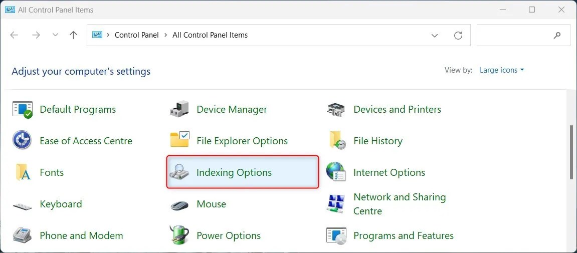 How to Open the Indexing Options in Windows