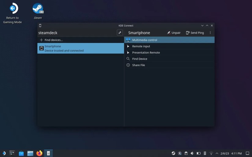 Features in KDE Connect on SteamOS