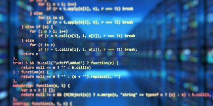 Picture of computer code overlaid on a large server room
