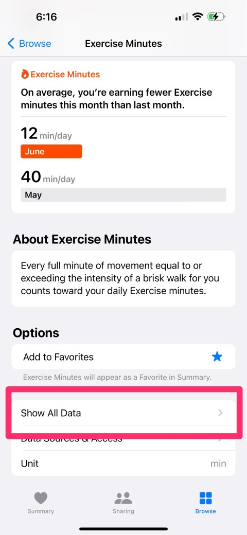 Exercise Minutes section in Health app highlighting Show All Data option