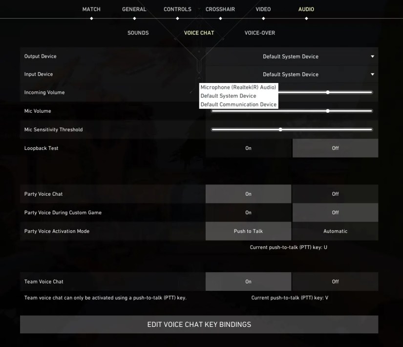 Select the Primary Microphone in the Input Device Field of Audio Tab in Valorant