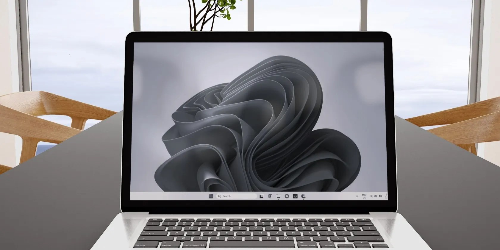 A Windows 11 computer on a gray table