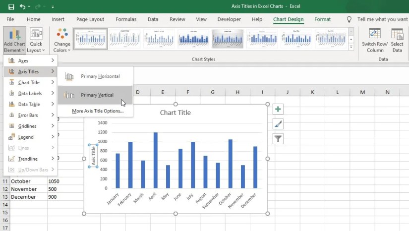 Adding axis titles using the Chart Design tab in Excel