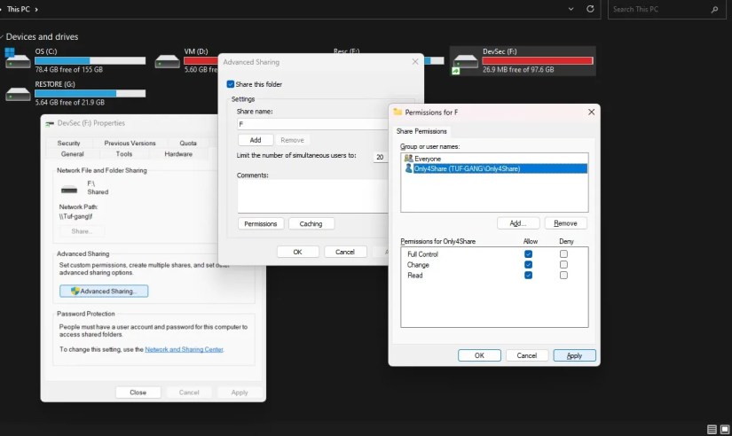 Adding permissions to the user account and confimring changes by pressing on Apply