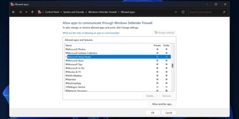 Allow Sticky Notes in the Windows Firewall