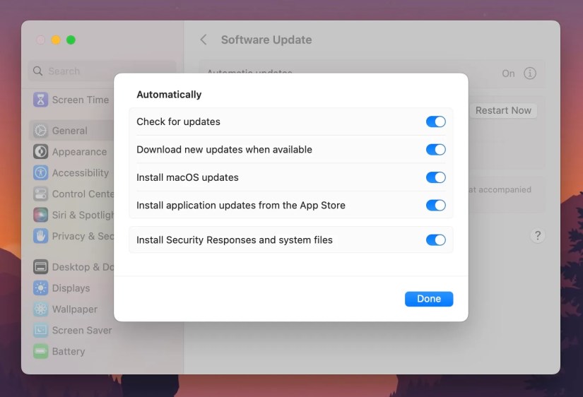 Automatic updates sub-window in System Settings macOS Ventura
