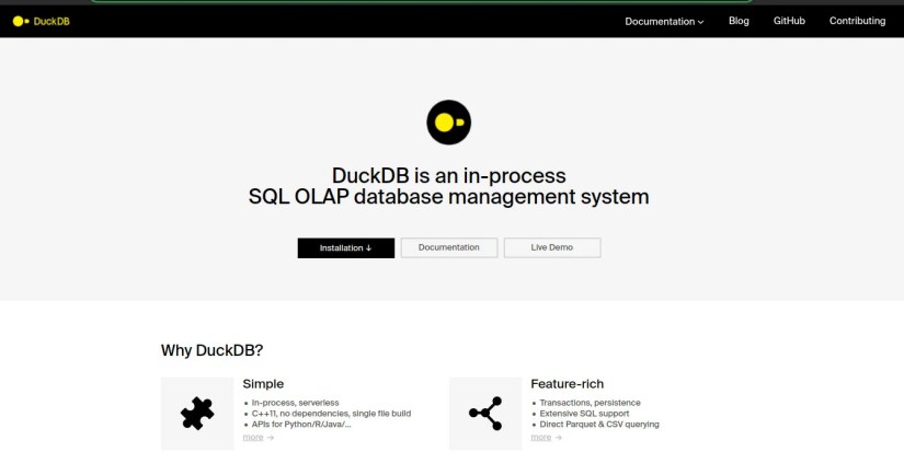 An image of DuckDB python data science tool homepage