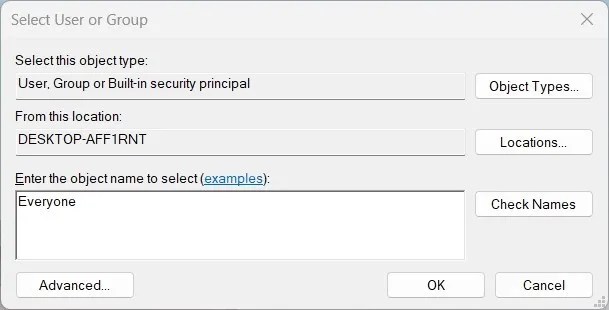 Enter the object name to select user