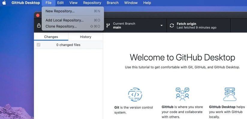 GitHub Desktop File Options in Menu Bar