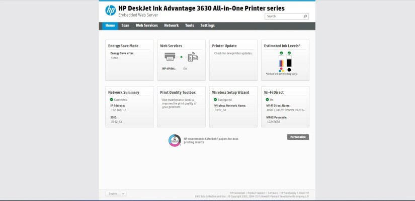 Different settings boxes on HP&rsquo;s printer web app page