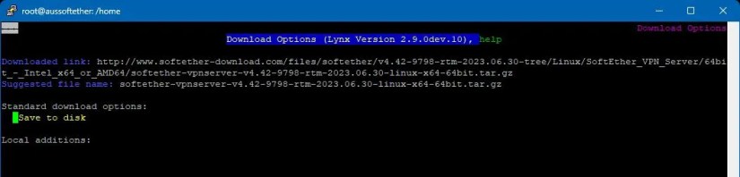 Linux terminal showing Lynx browser and save function