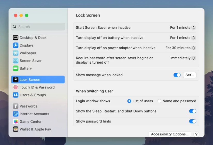 Lock Screen settings in the System Settings app on macOS Ventura