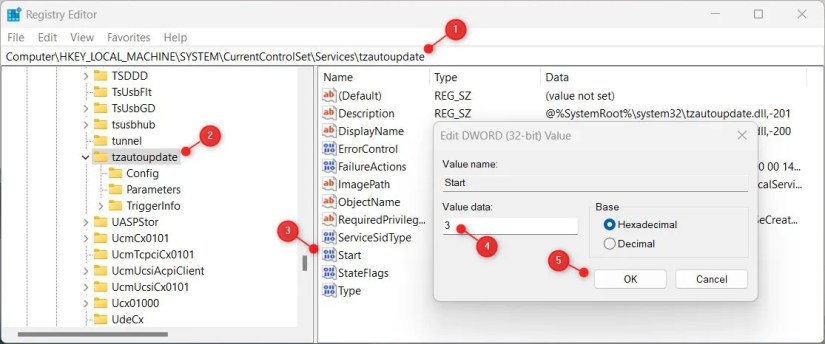 Modify Registry to change the Set time zone automatically setting