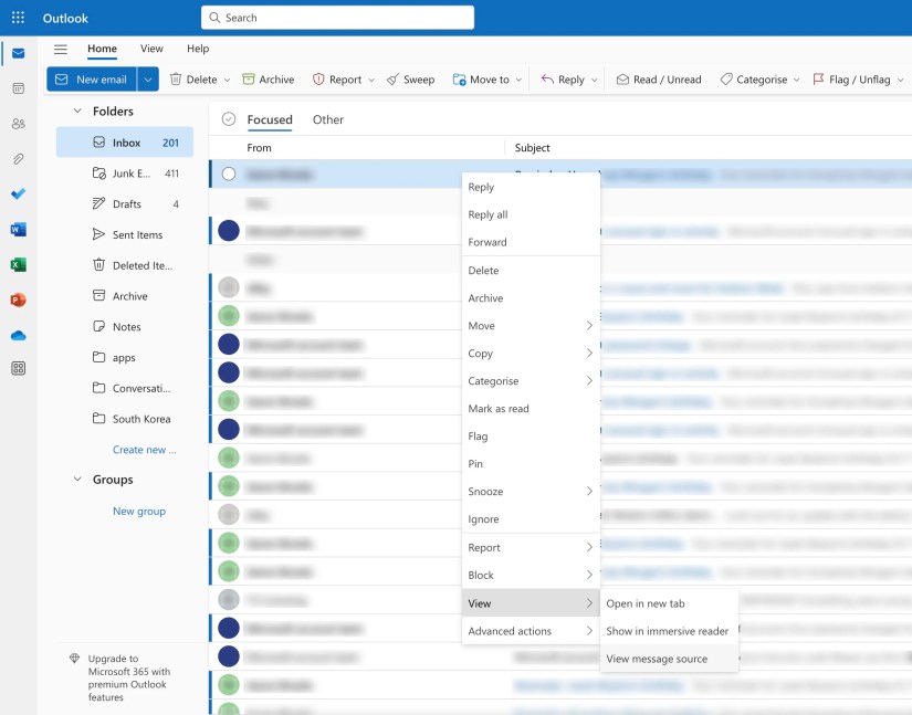 A screenshot showing how to view an email message source in Outlook