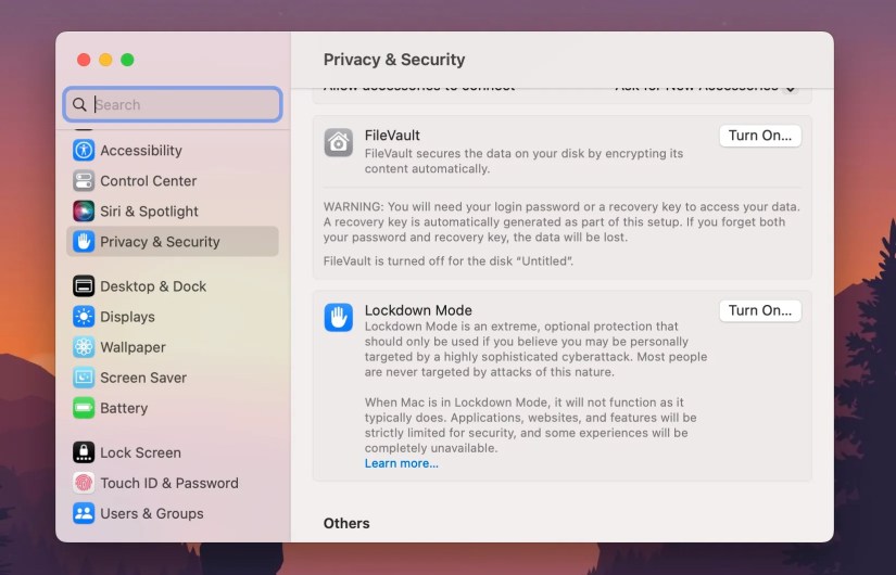Privacy & Security panel in System Settings macOS Ventura