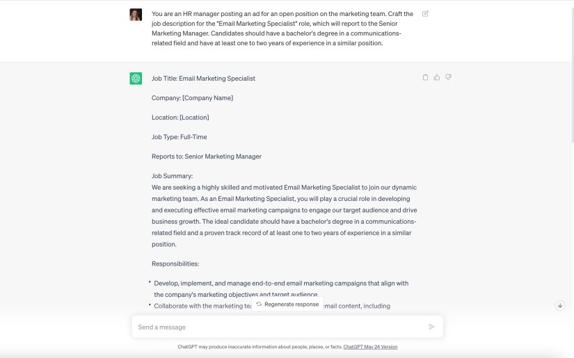 Screenshot of ChatGPT prompt for job description generation