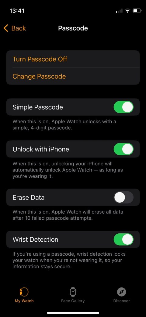 Screenshot of iPhone Watch app Wrist Detection toggle