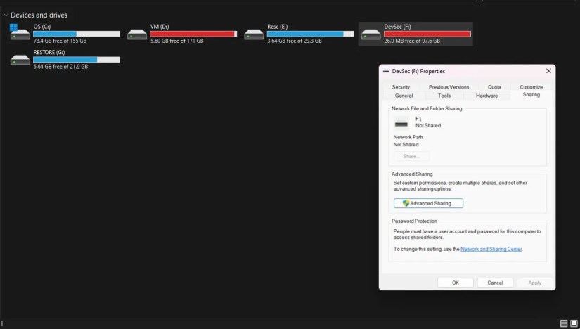 sharing tab open in properties menu of a drive-1